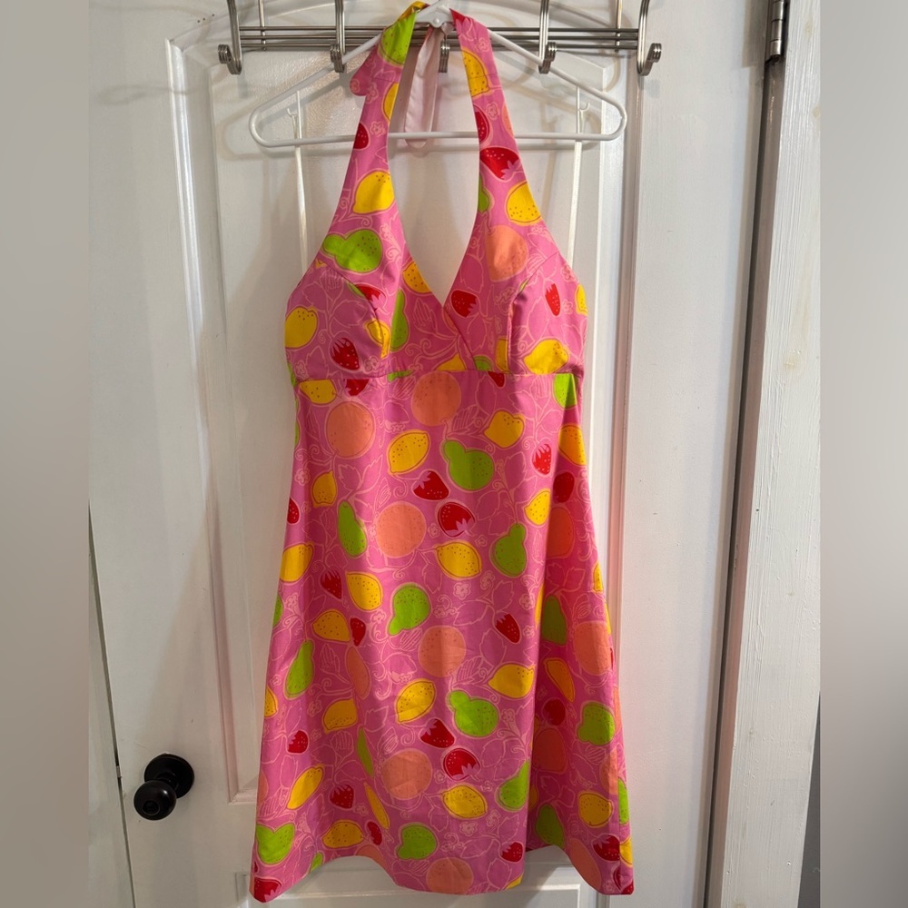 Lilly Pulitzer Vintage White Label Anna Cotton Halter Dress Hibiscus Marzipan